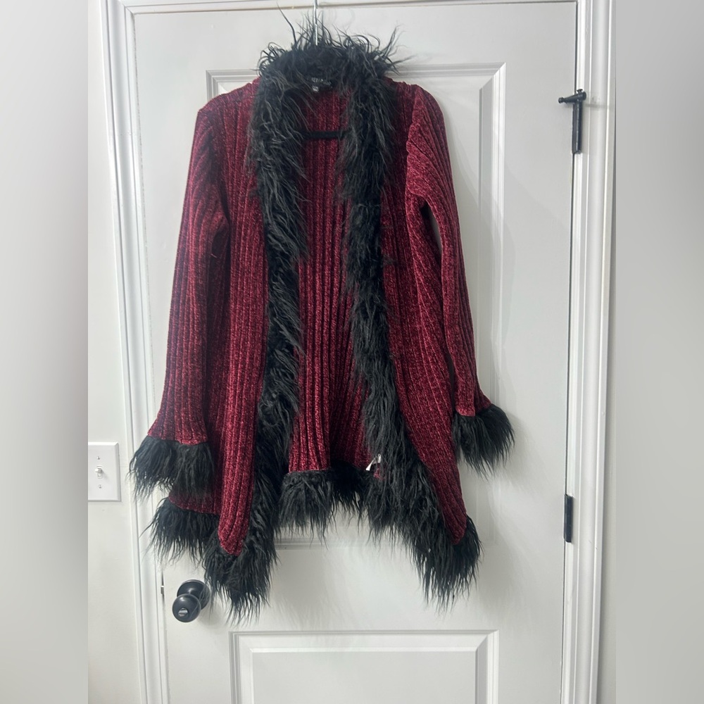 Women burgundy fur cardigan